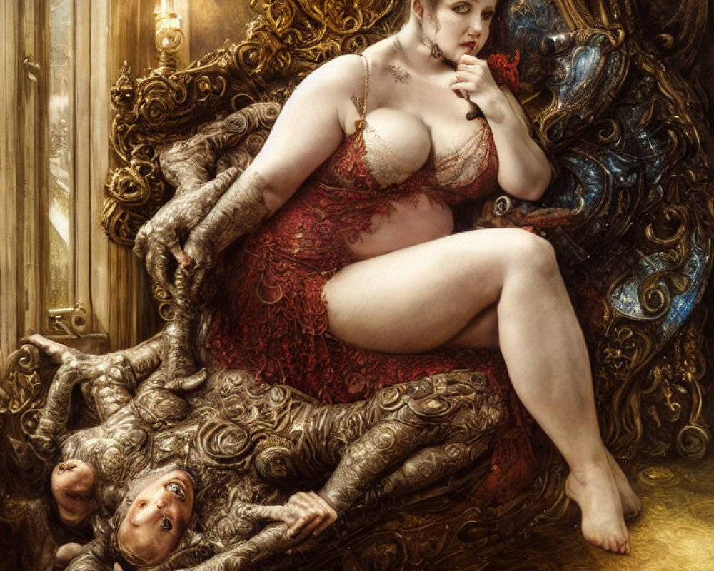 Woman in red lingerie with tree root limbs and human-like figures in opulent setting.