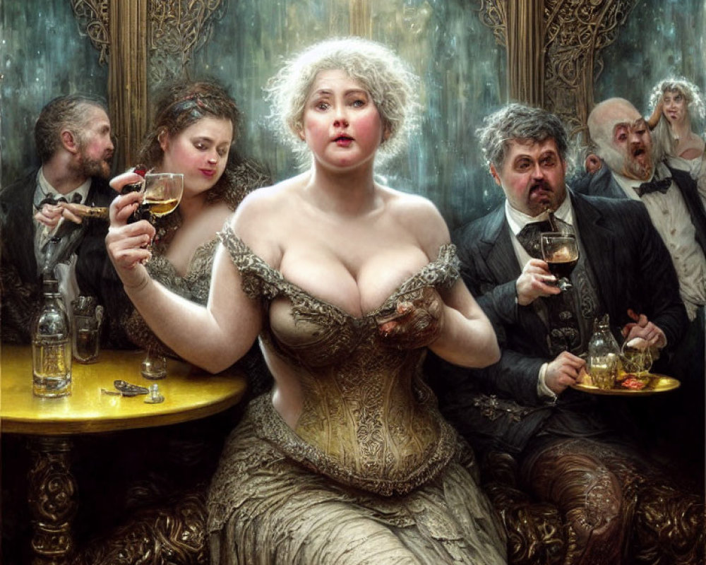 Elaborate Party Scene with Voluptuous Woman and Guests Eating and Drinking