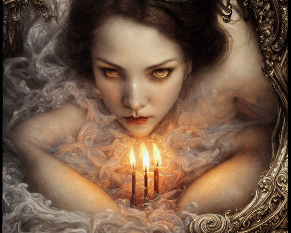 Mystical woman with intense eyes holding lit candles in swirling mist.