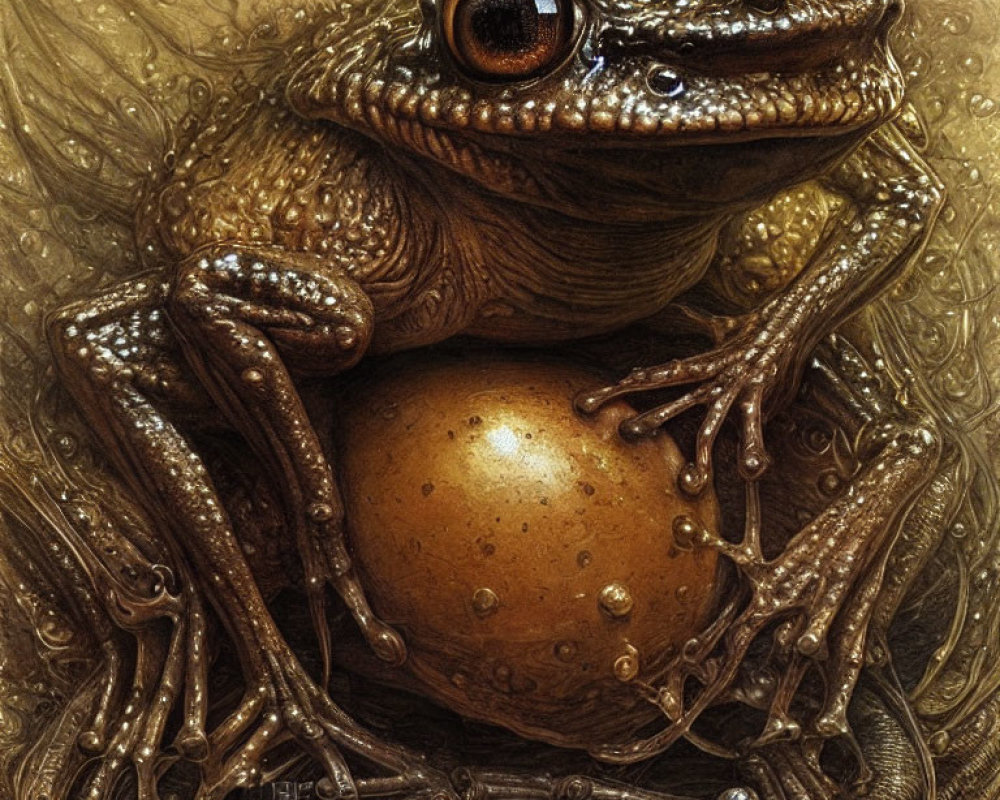 Detailed illustration of textured toad holding golden egg on intricate background