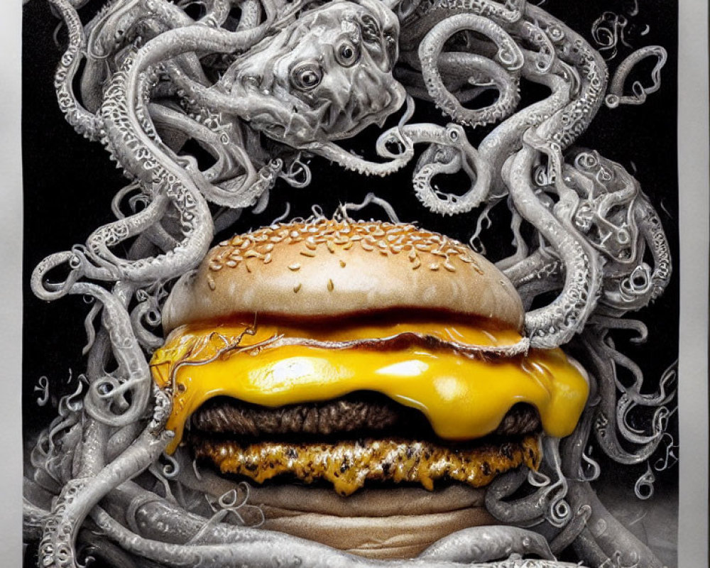 Octopus Tentacles Surrounding Cheeseburger on Black Background