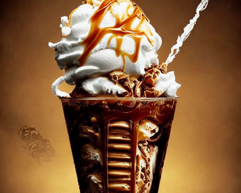 Whipped cream sundae with caramel and splash in chocolate waffle cone