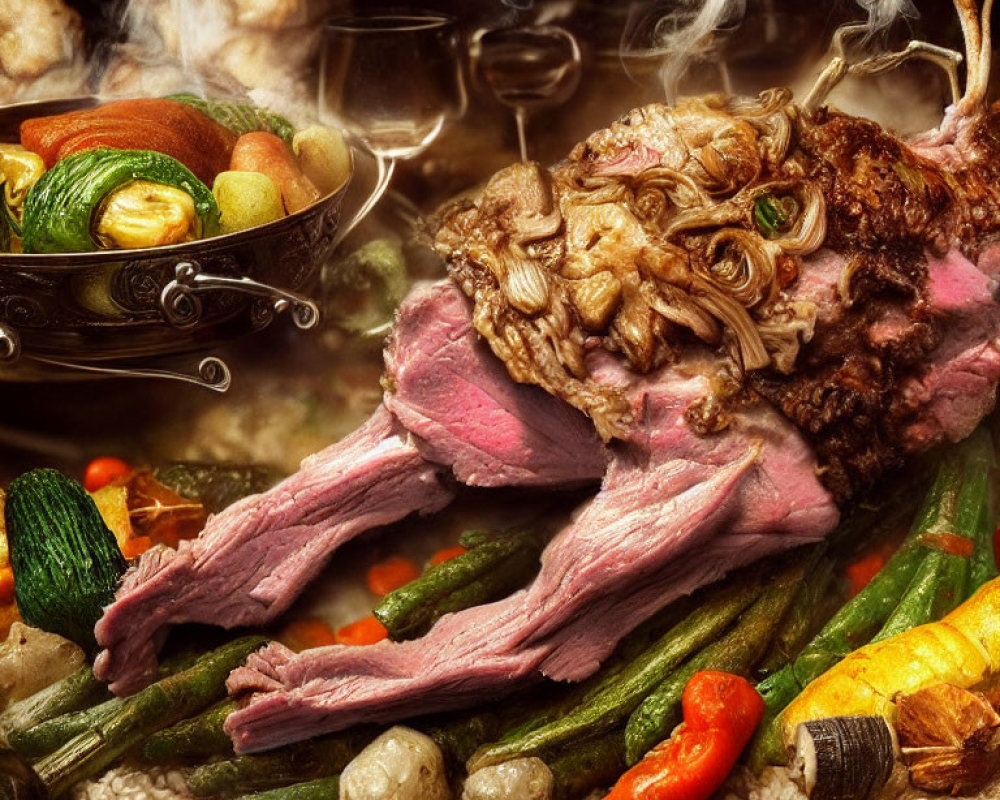 Juicy Roasted Rack of Lamb with Steamed Vegetables and Potatoes