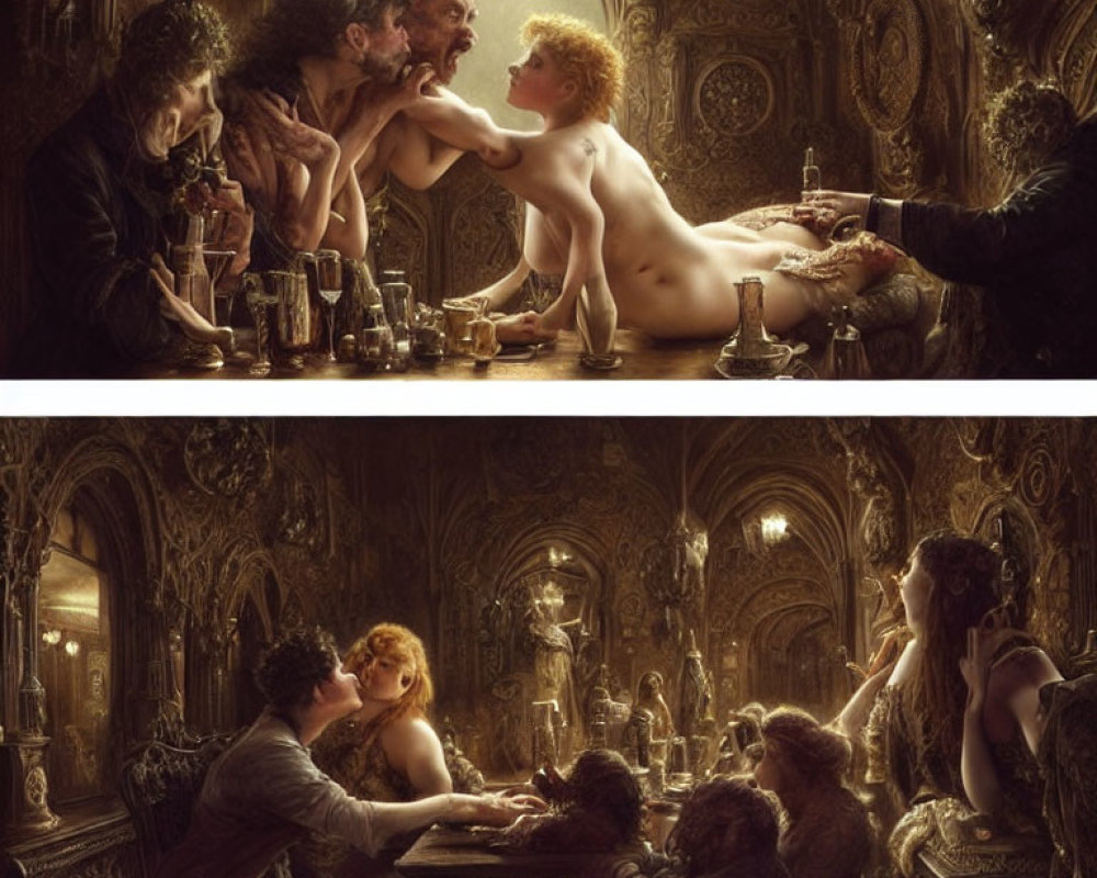 Opulent Renaissance-themed painting with figures in lavish costumes and a central nude figure in a decadent setting