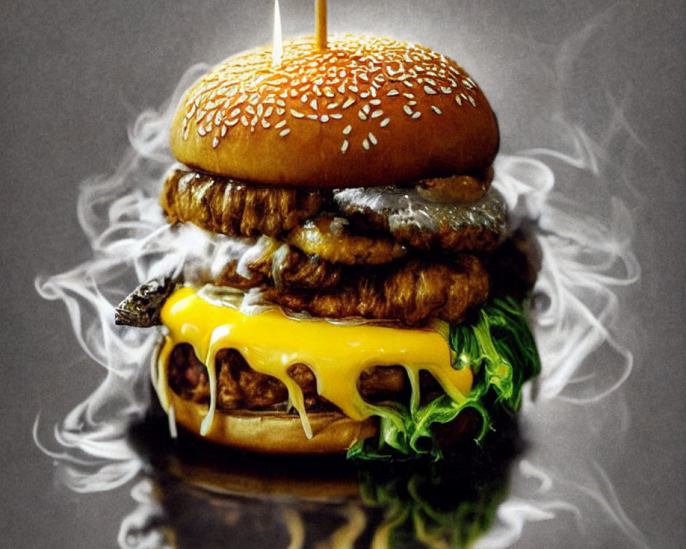 Smoky cheeseburger with multiple beef patties, cheese, lettuce, and sesame bun on reflective surface