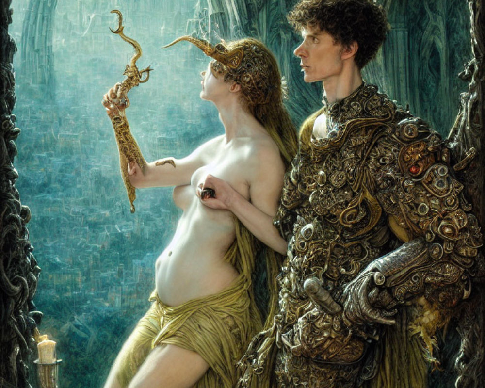 Fantastical painting of female and male figures in ornate attire against gothic backdrop