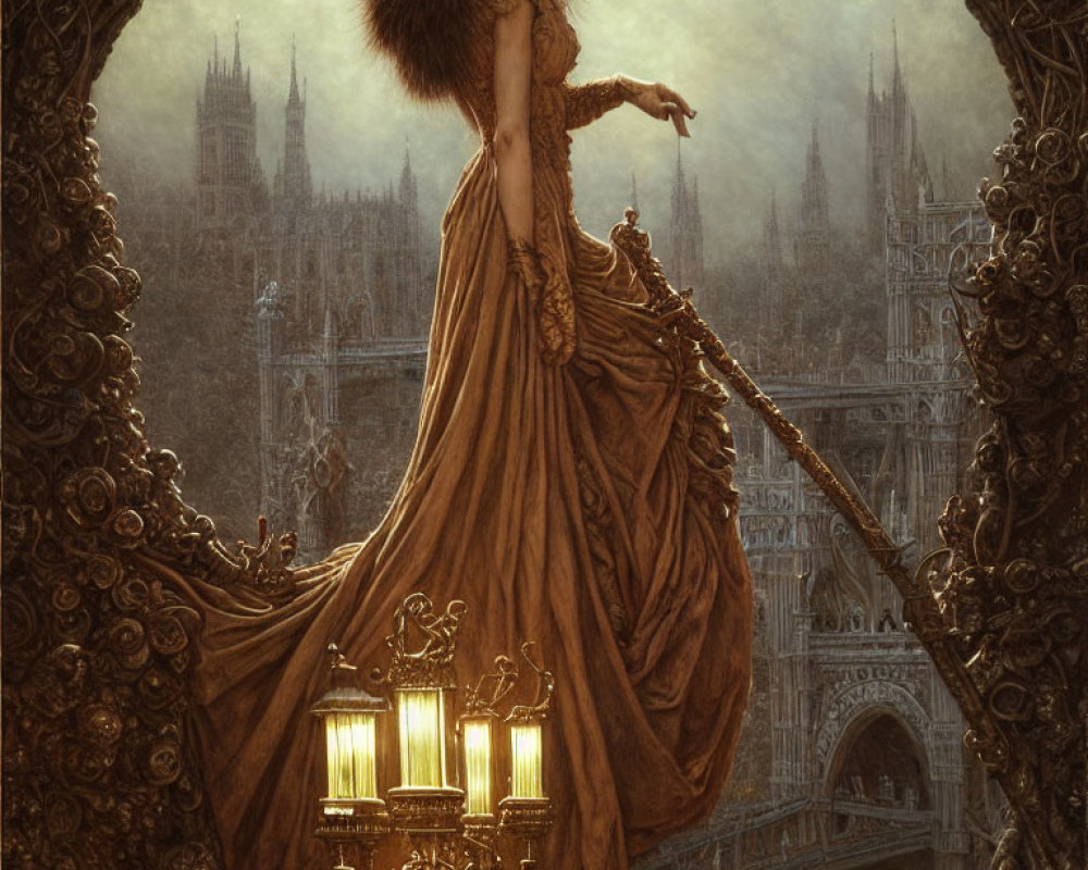 Elaborate golden dress woman in gothic architectural background