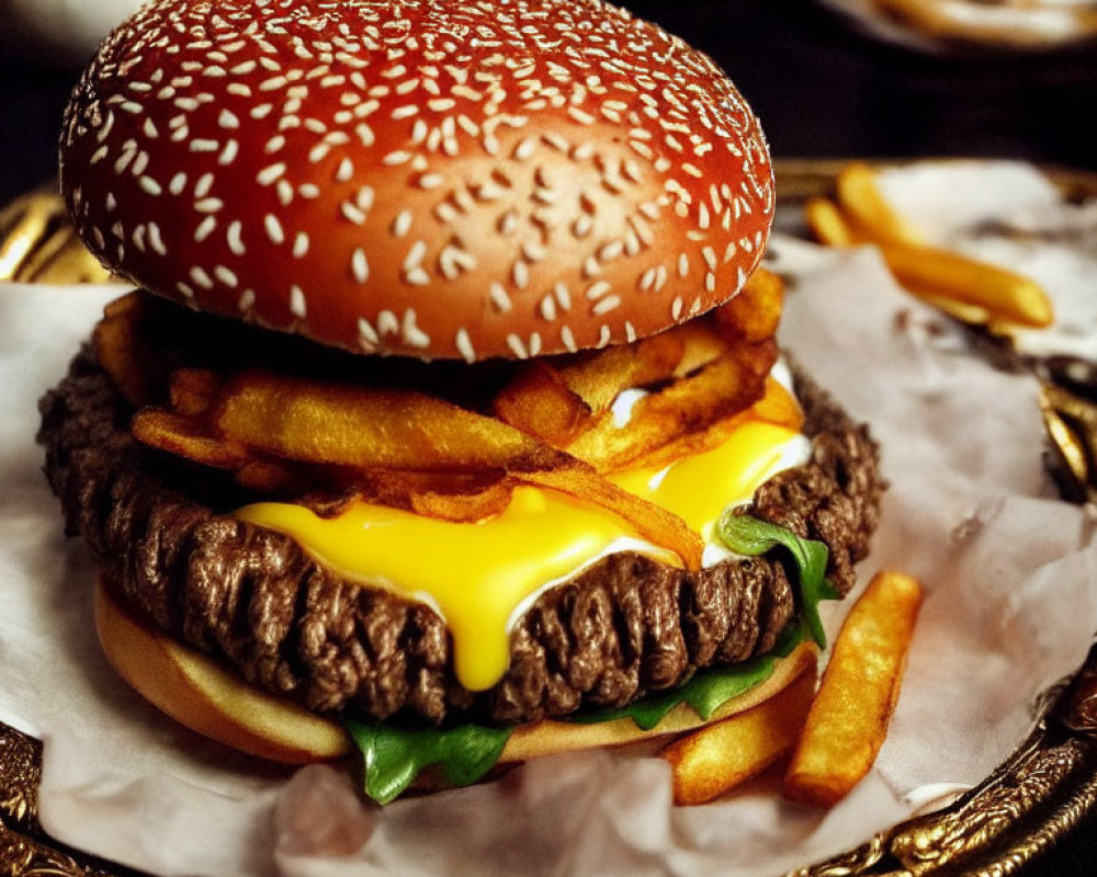 Cheeseburger with Fries on Golden Plate with Sesame Seed Bun, Lettuce, Cheese