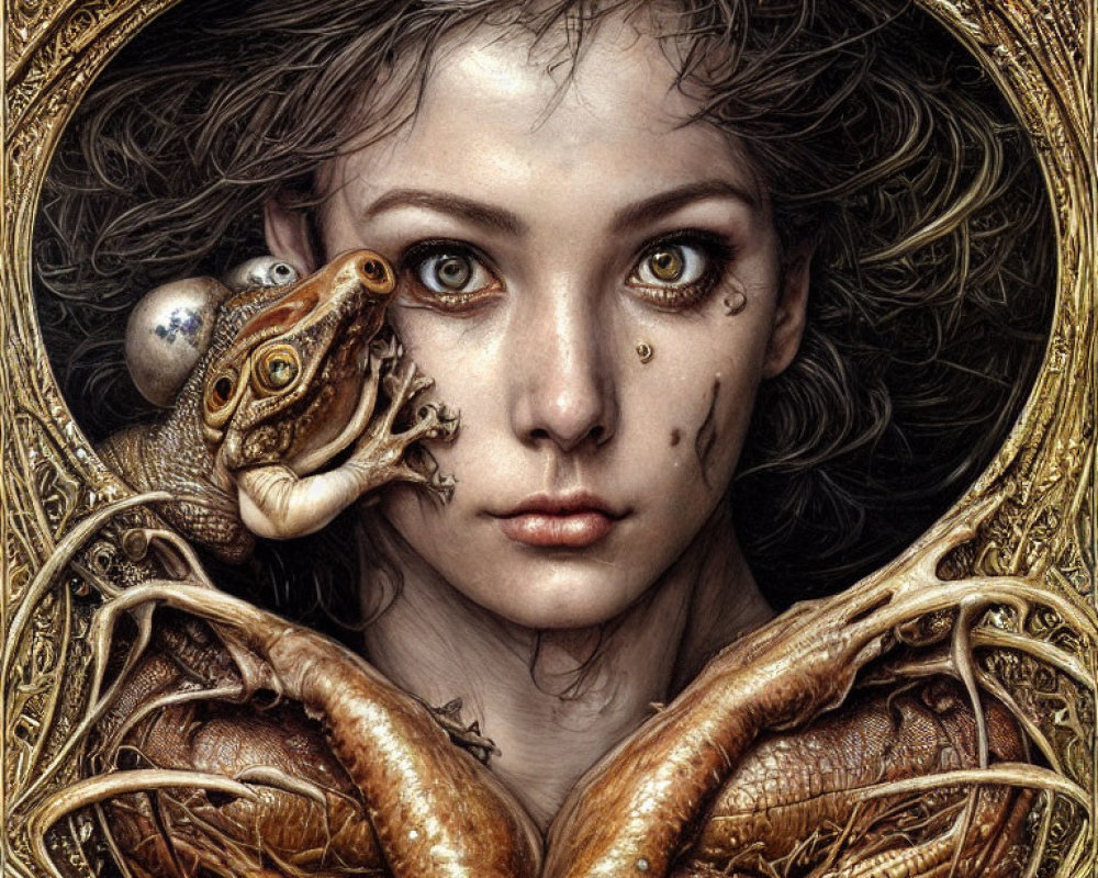 Fantasy artwork of woman with striking eyes, frog on shoulder, ornate circular pattern