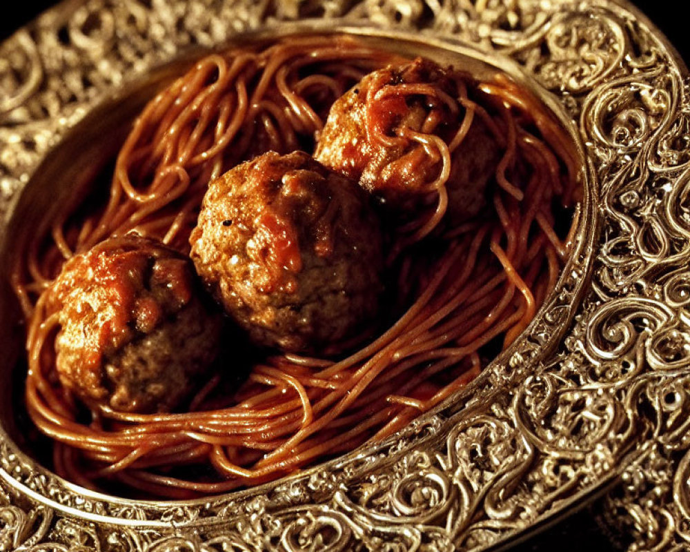 Spaghetti with Meatballs in Marinara Sauce on Silver Platter