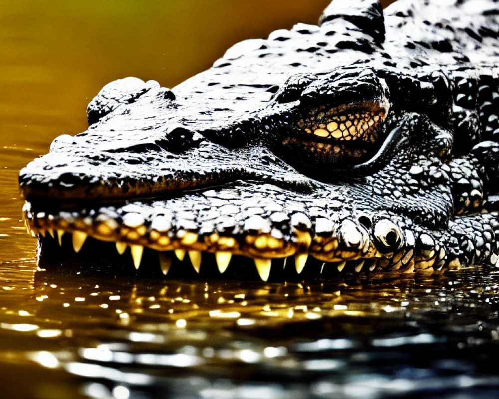 Detailed view of a crocodile's head with sharp teeth and textured scales