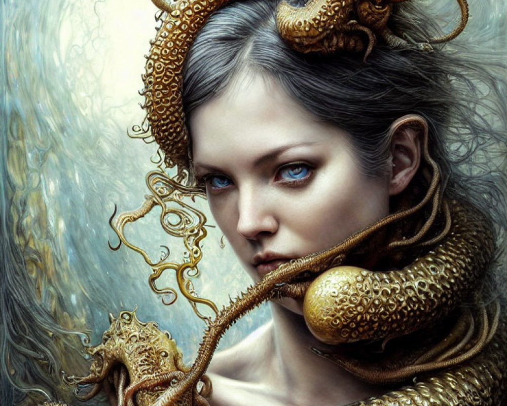 Pale-skinned woman entwined with golden octopus tentacles on blue background