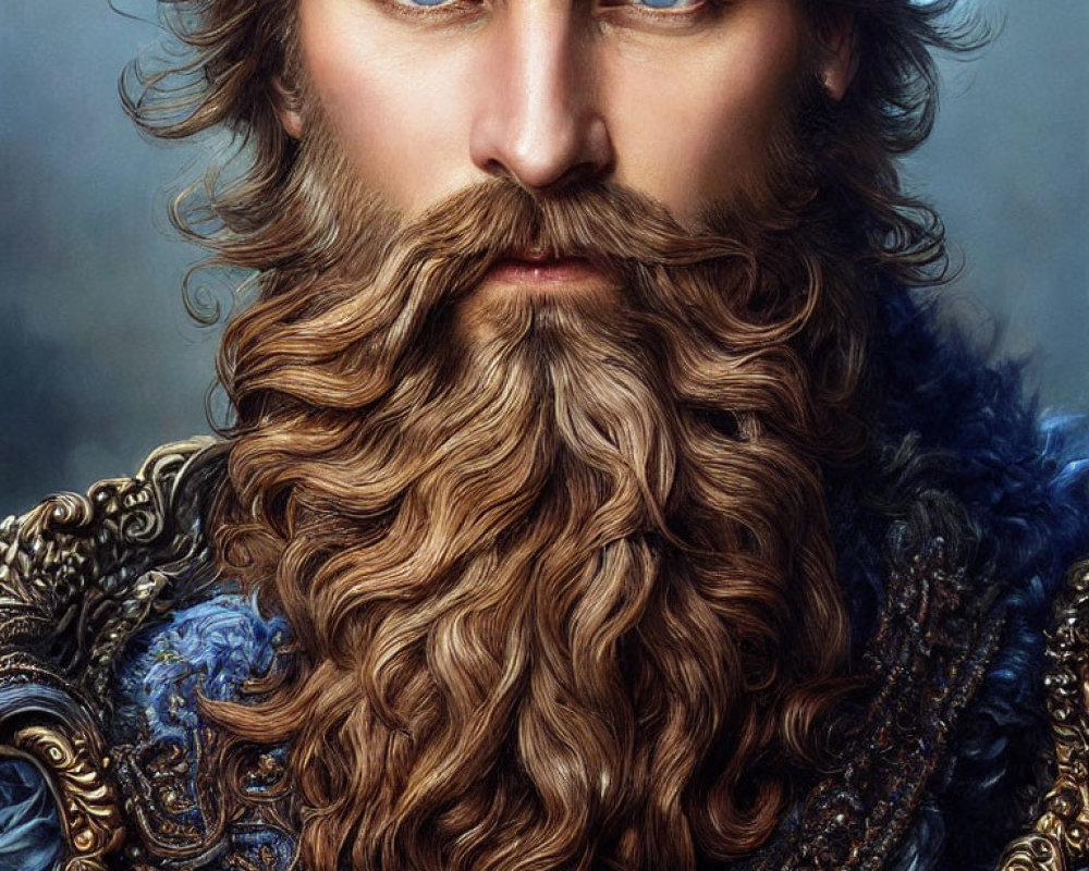 Detailed portrait of a man with long curly beard and ornate armor