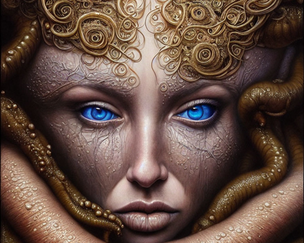 Fantastical female figure with blue eyes and golden hair swirls in close-up digital painting