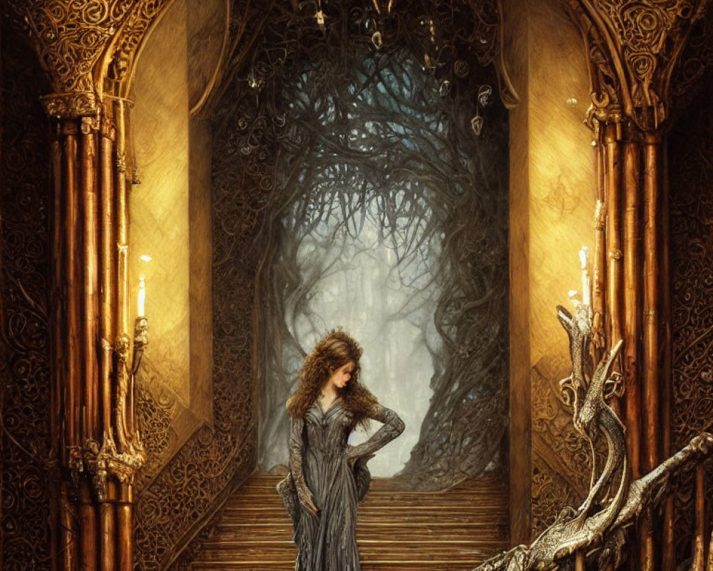 Ornate staircase with woman in flowing dress and mystical tree portal