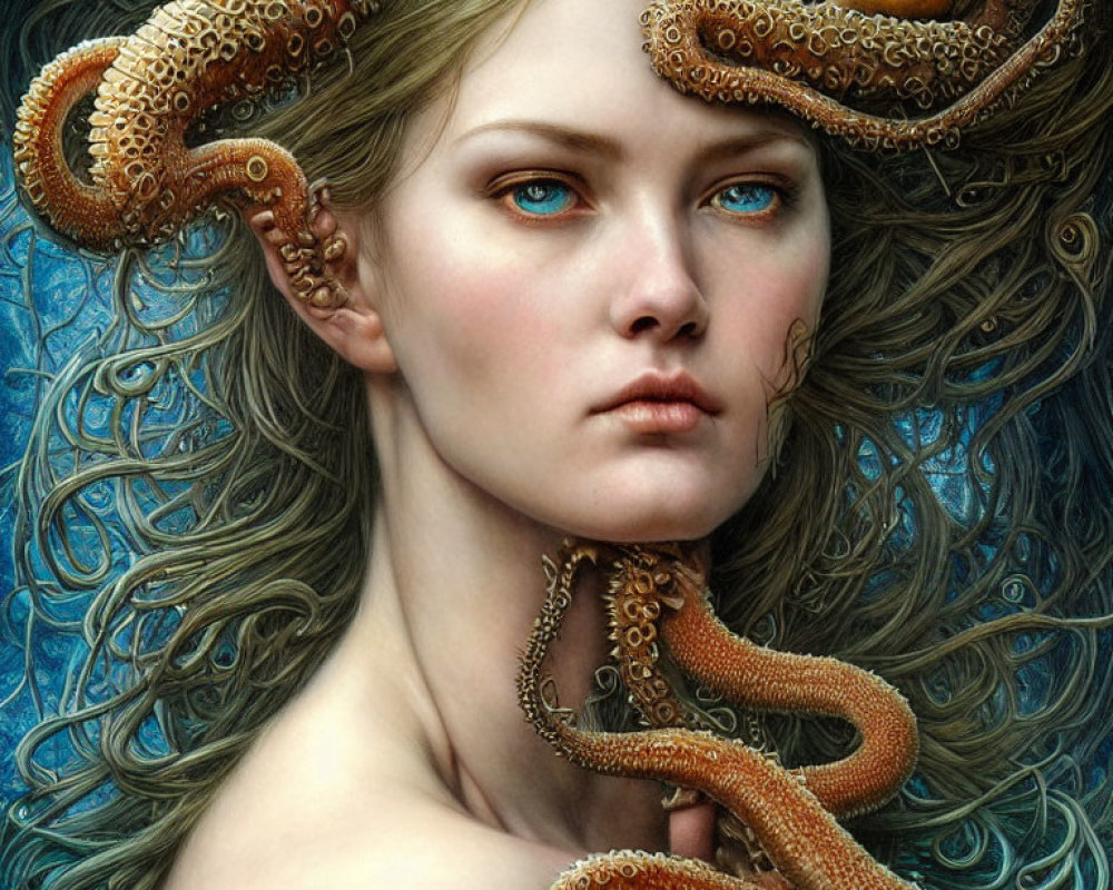 Digital artwork: Woman with blue eyes and flowing hair, adorned with an octopus, blending fantasy and