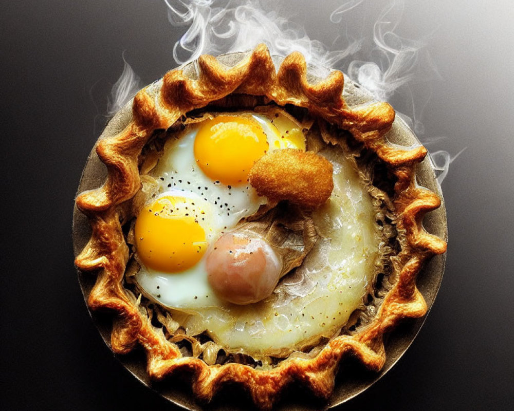 Pie with Crusty Edge and Three Fried Eggs on Dark Background