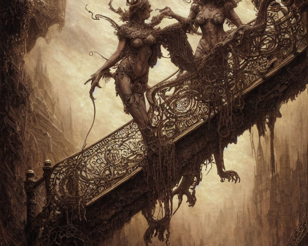 Ornate humanoid figures on decaying gothic balcony