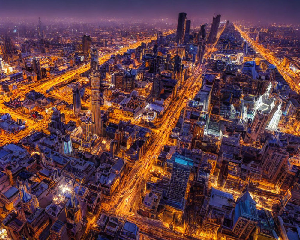 Bustling City Night View with Illuminated Streets & Skyscrapers