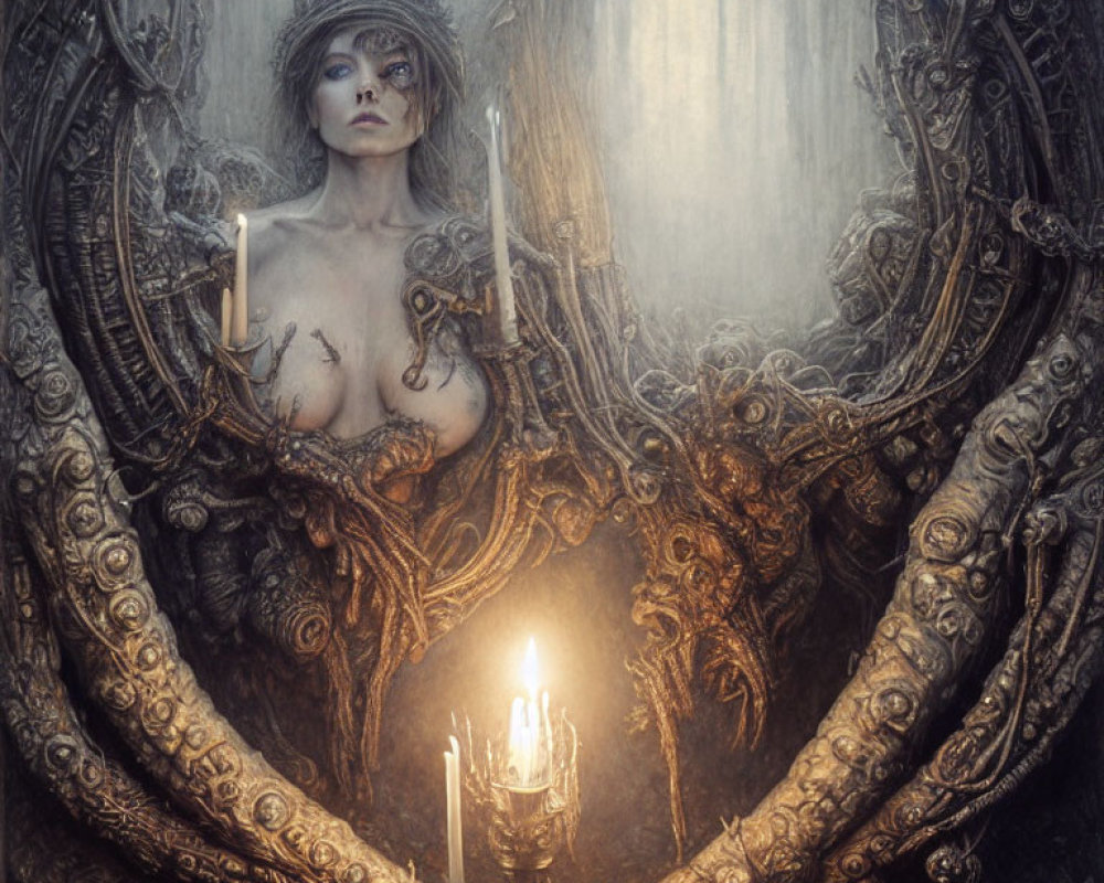 Mystical woman in ornate crown and armor holding a candle amidst intricate dark designs