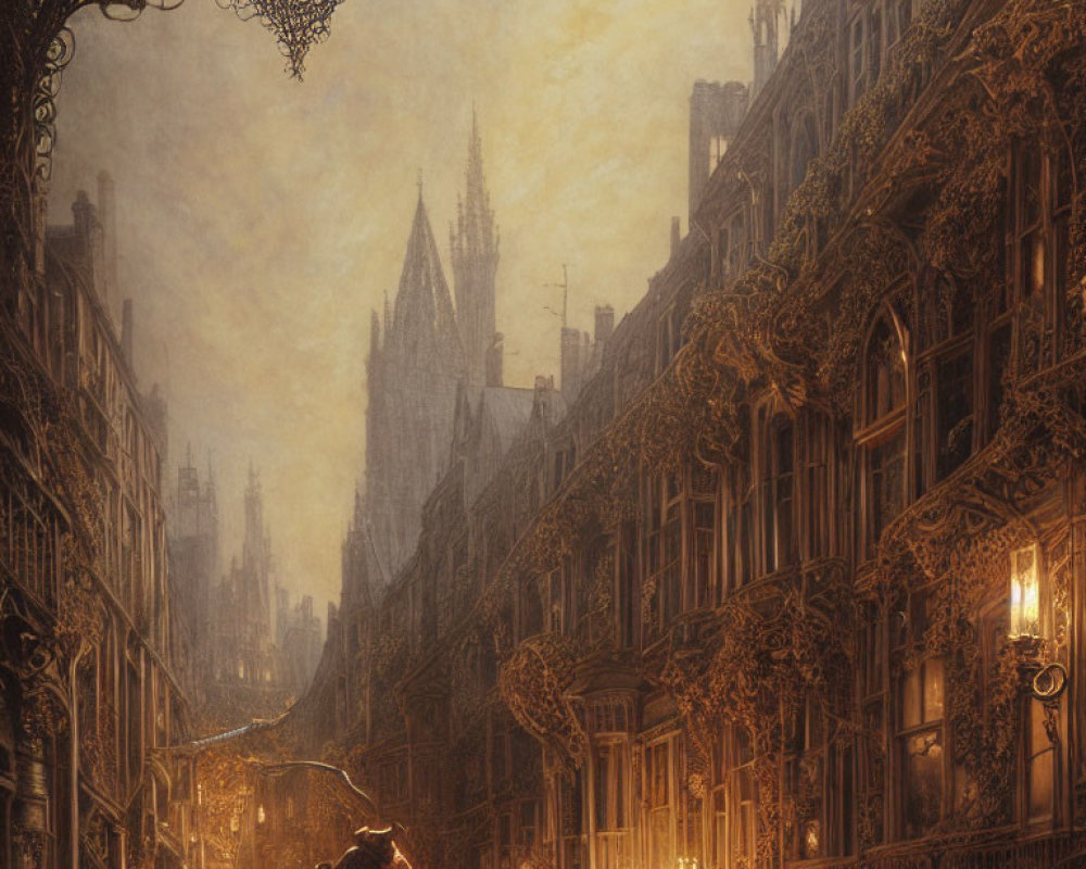 Ornate Gothic street scene with warm street lamps at dusk