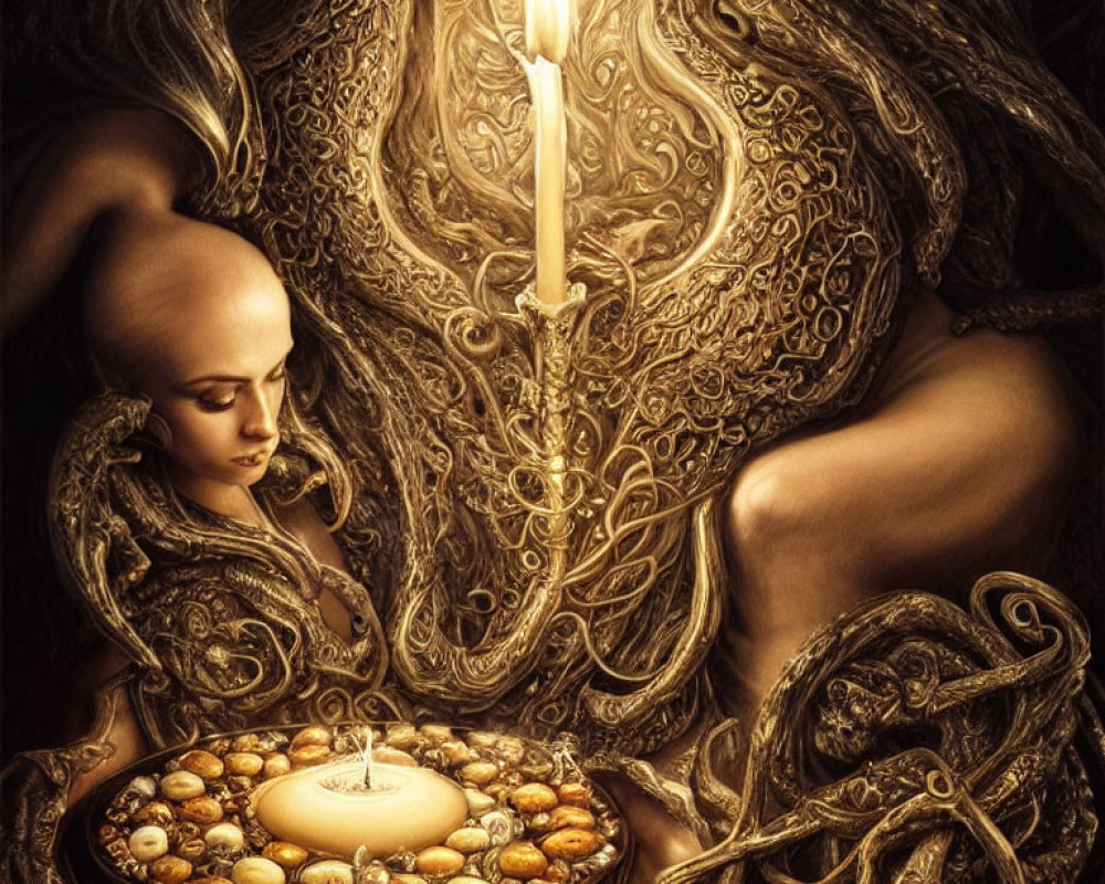 Bald Figure with Lit Candle Surrounded by Golden Patterns