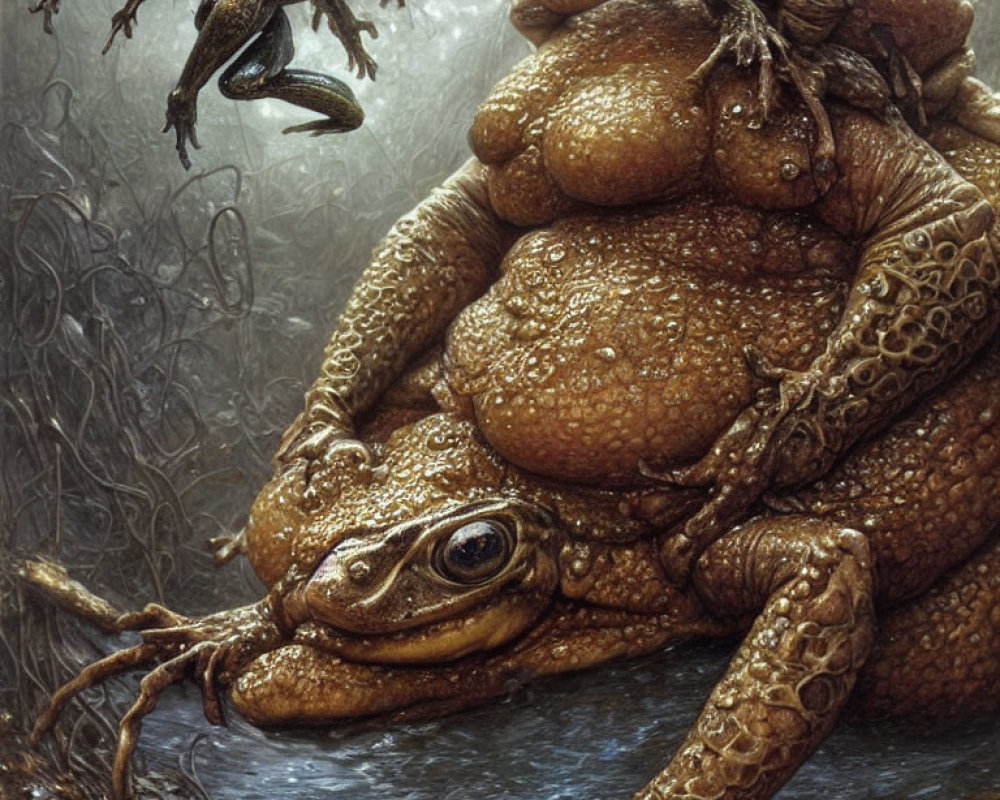 Realistic Giant Toad with Smaller Toads in Dark Moody Setting