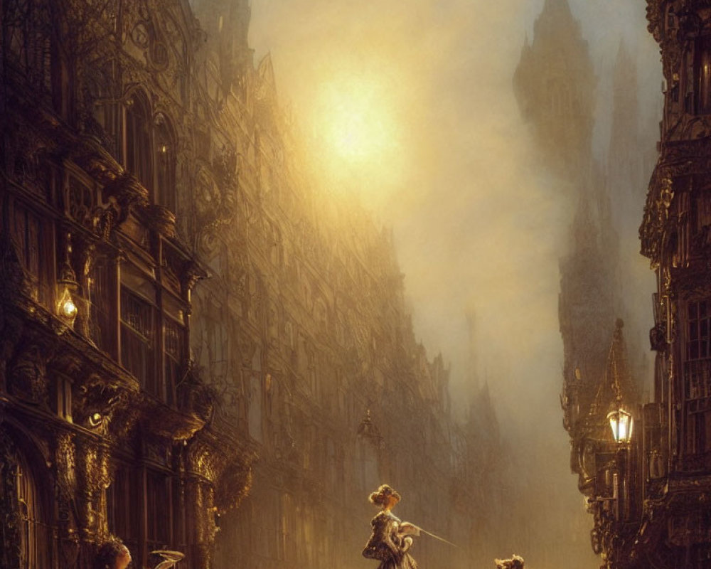 Victorian women in old city scene at sunset with glowing lanterns