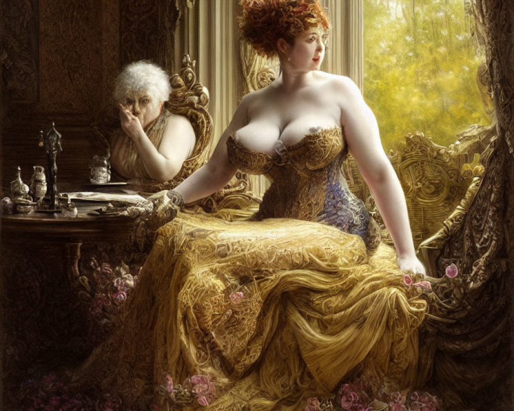 Opulent painting featuring confident woman in gold dress with older woman in background