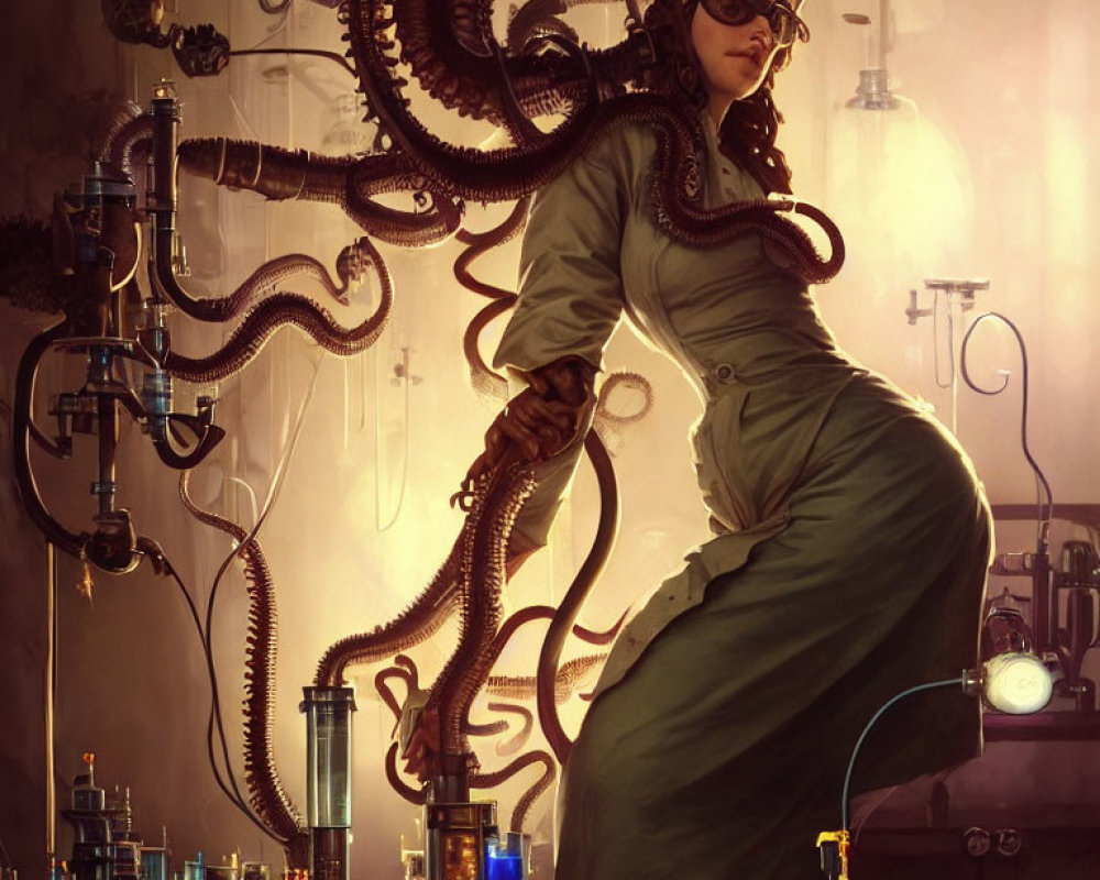 Steampunk-themed image of woman with goggles in workshop.