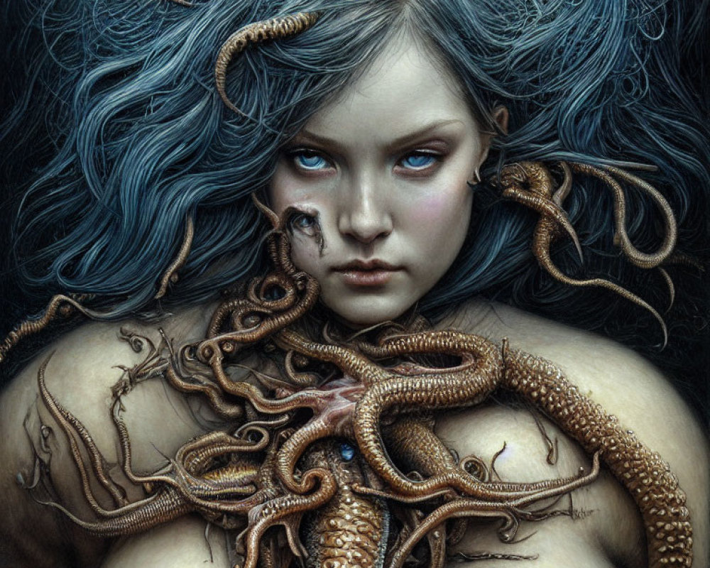 Woman with Blue Hair and Serpentine Octopus Tentacles Artwork