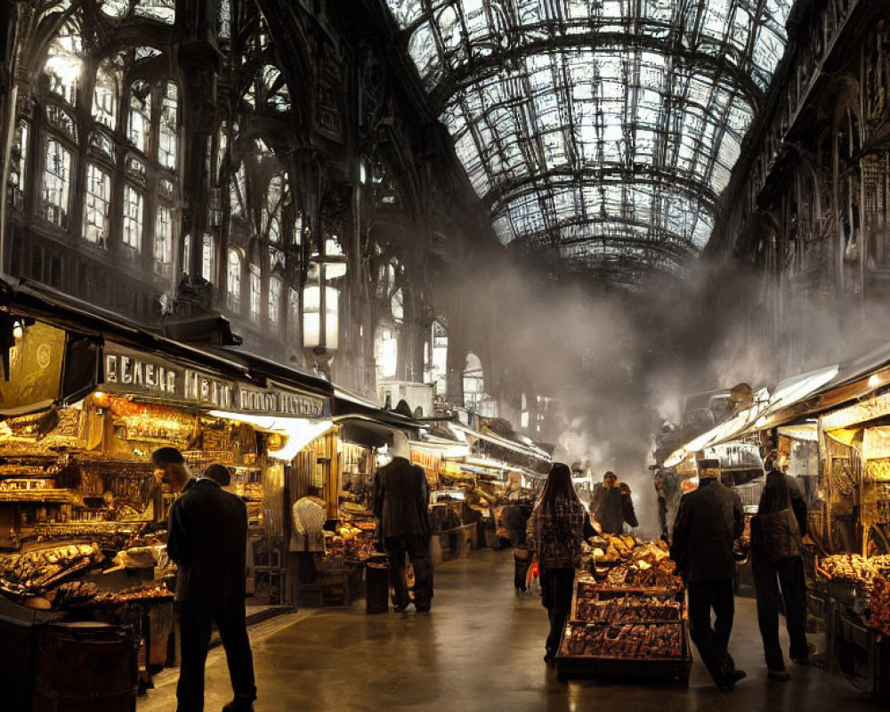 Ornate indoor market with translucent roof and diverse stalls