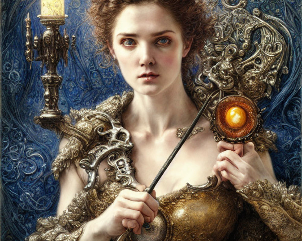 Armored woman with orange gem staff and candle in intricate setting.