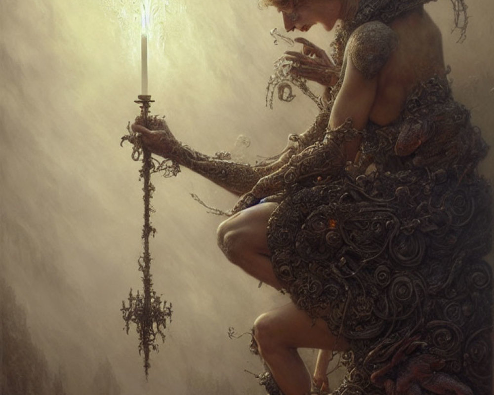 Mystical figure in ornate armor with glowing sword in misty backdrop