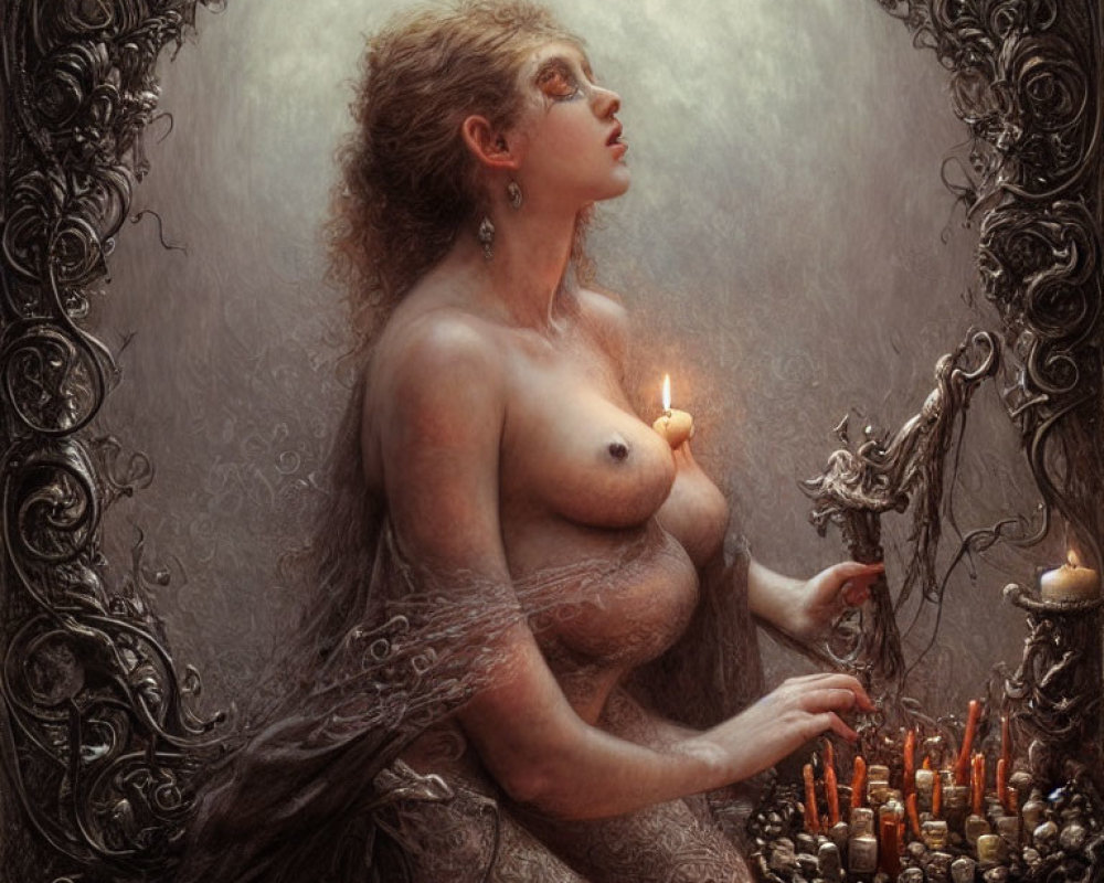 Mystical woman holding a candle surrounded by ornate designs and a pale circle background