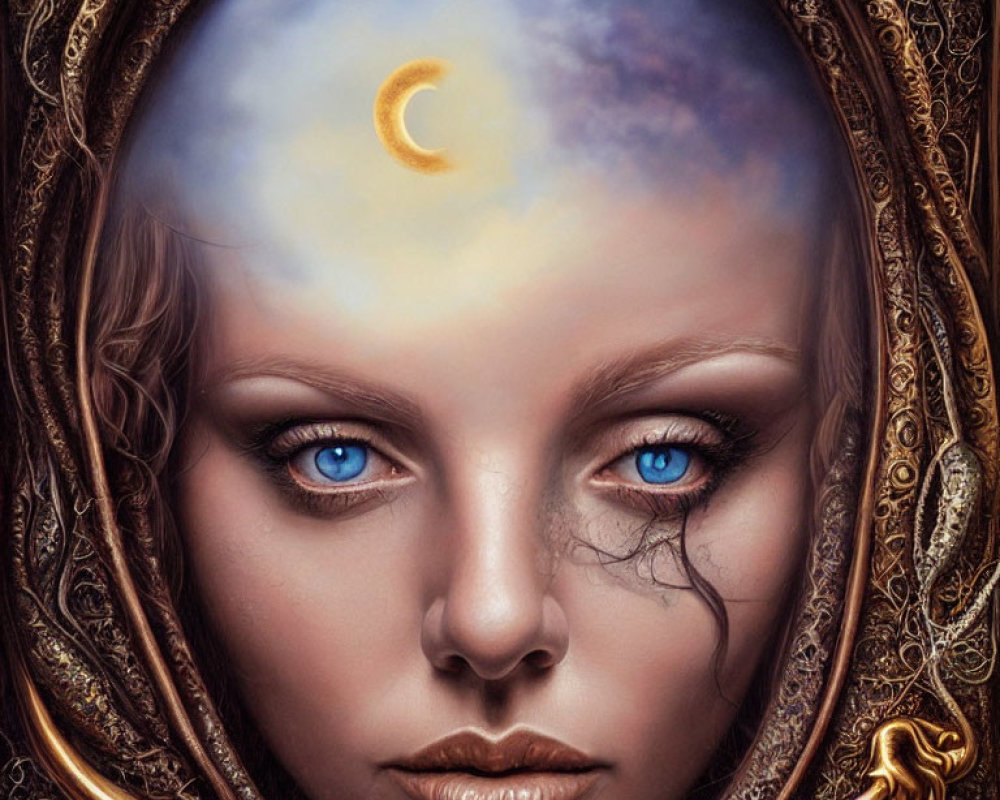 Fantastical portrait of a woman with blue eyes in celestial setting