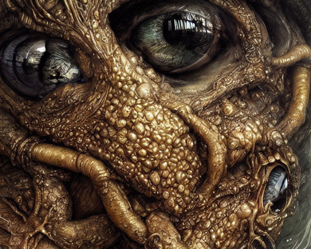 Fantastical creature with multiple eyes and textured skin illustration