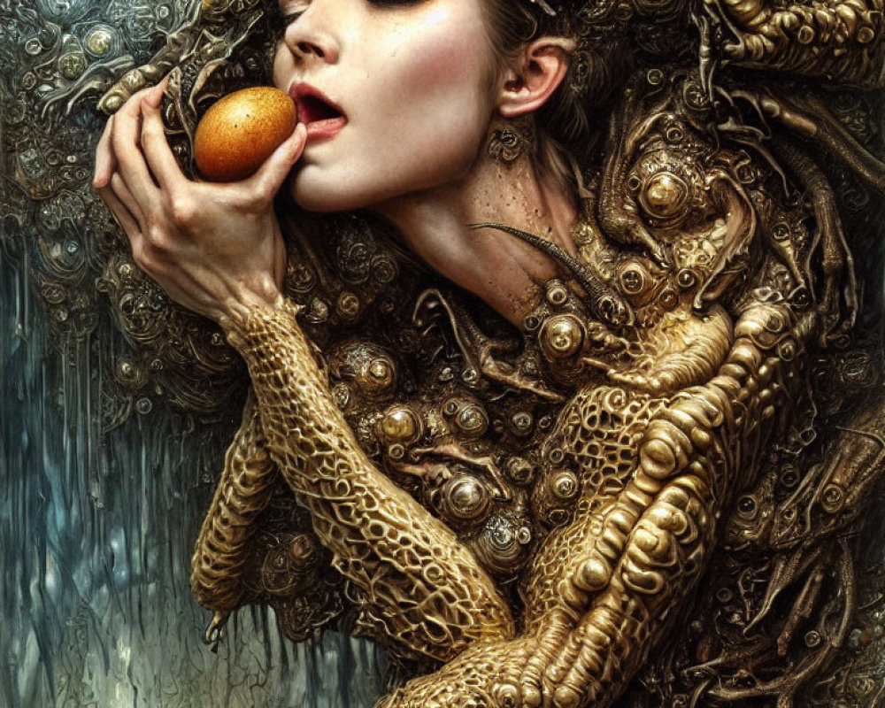 Woman with closed eyes holding golden fruit in surreal setting