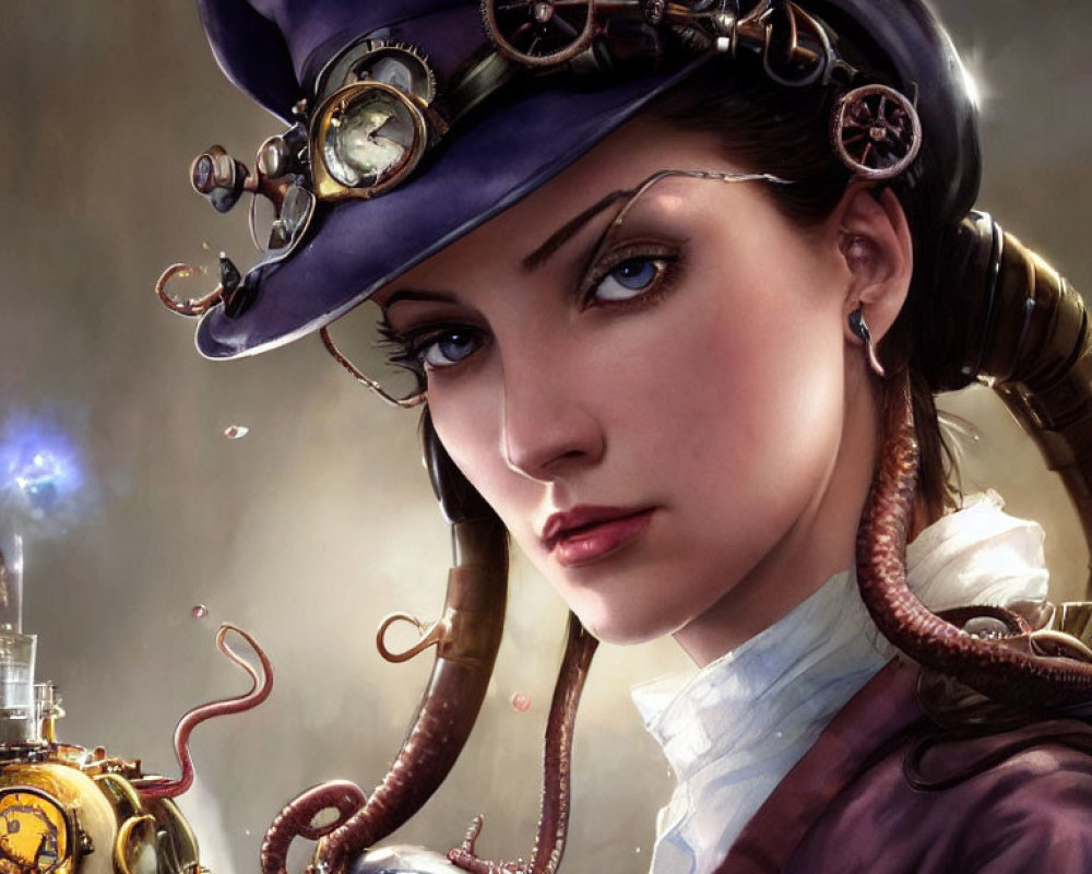 Steampunk-themed artwork of woman with gear-adorned hat & goggles