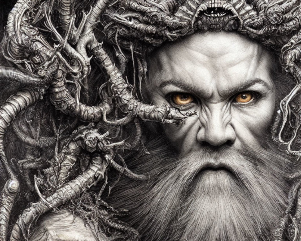 Detailed black and white mythical figure with tangled roots and intense yellow eyes