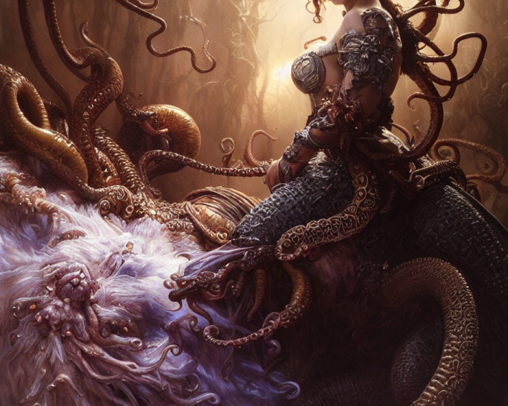 Elaborately armored woman in mystical sepia-toned scene with giant octopus tentacles