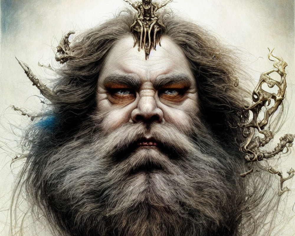 Detailed fantasy character with long gray beard and ornate headpiece