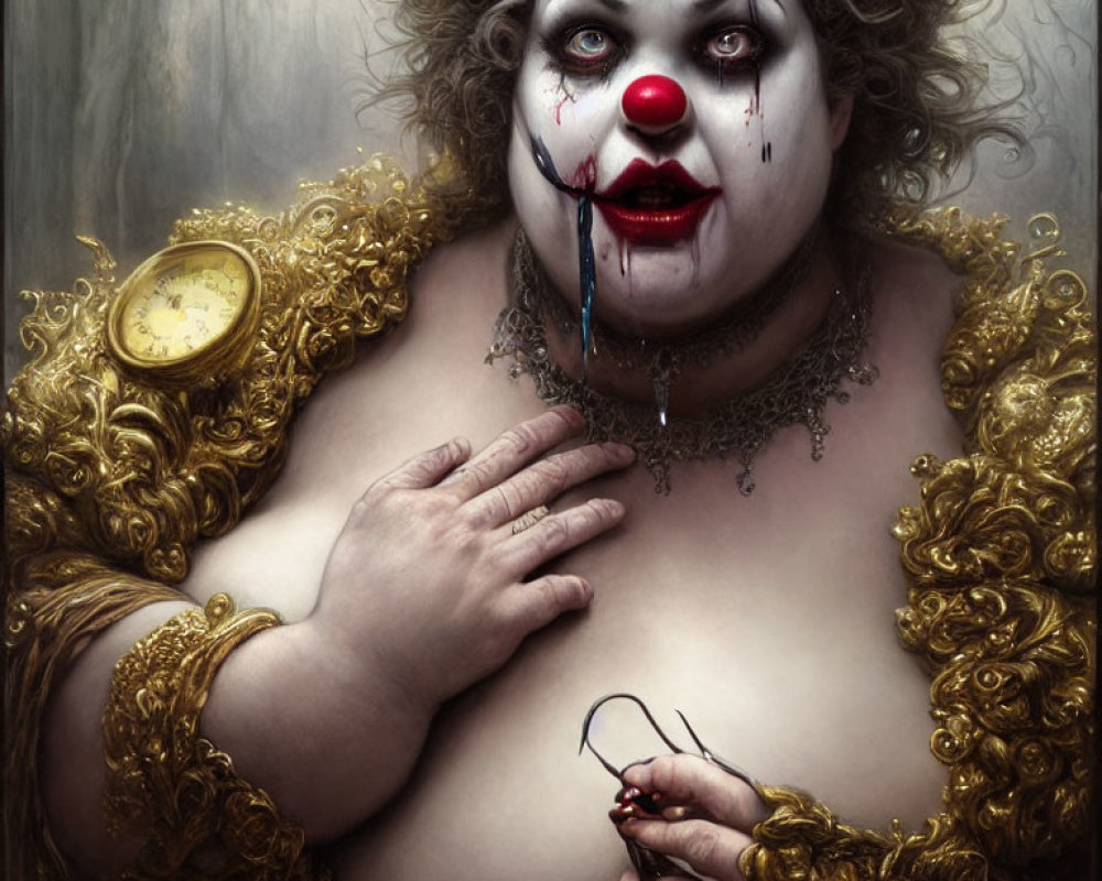 Corpulent clown with bloodied nose, gold attire, and pocket watch in eerie painting