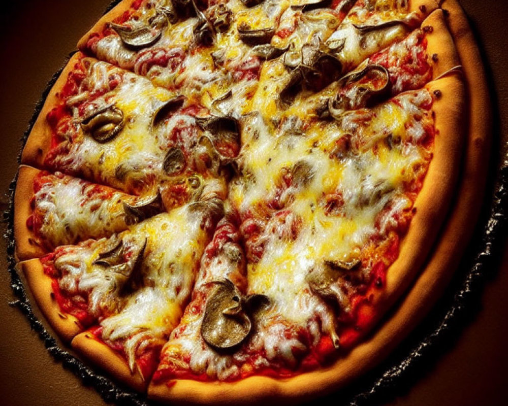 Cheese and Pepperoni Pizza with Mushrooms on Dark Background