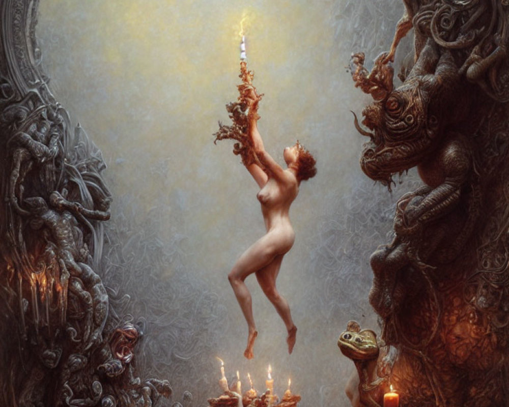 Surreal painting of nude figure reaching for glowing candle