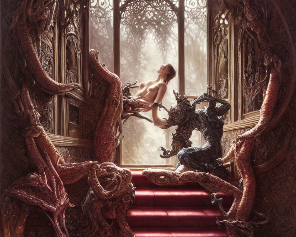 Person floating in ornate Gothic room with forest view