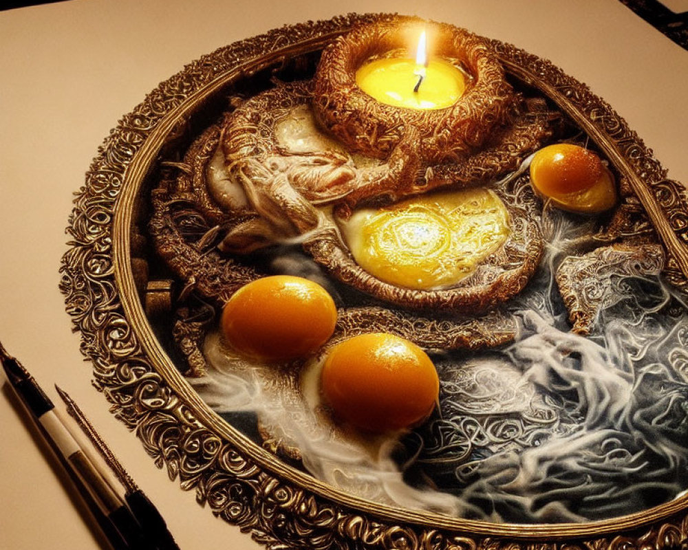 Hyper-realistic drawing of candlelit eggs in ornate frame on desk with pens