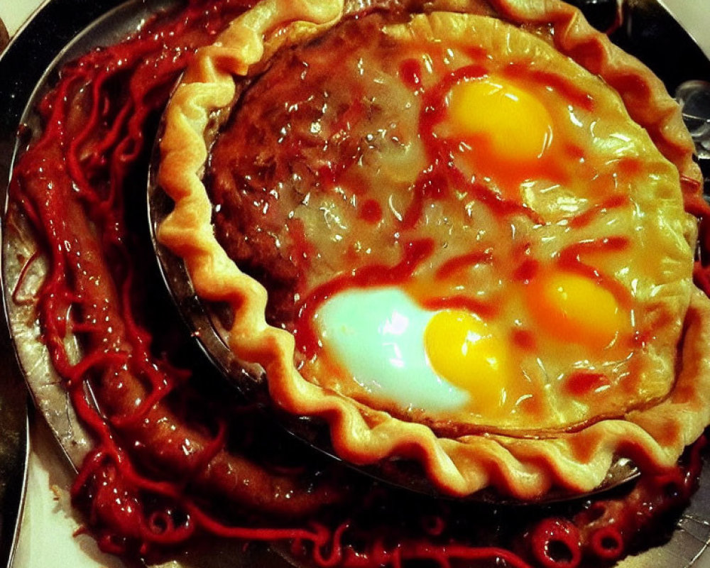 Savory pie with sunny-side-up eggs and sausage links on white plate