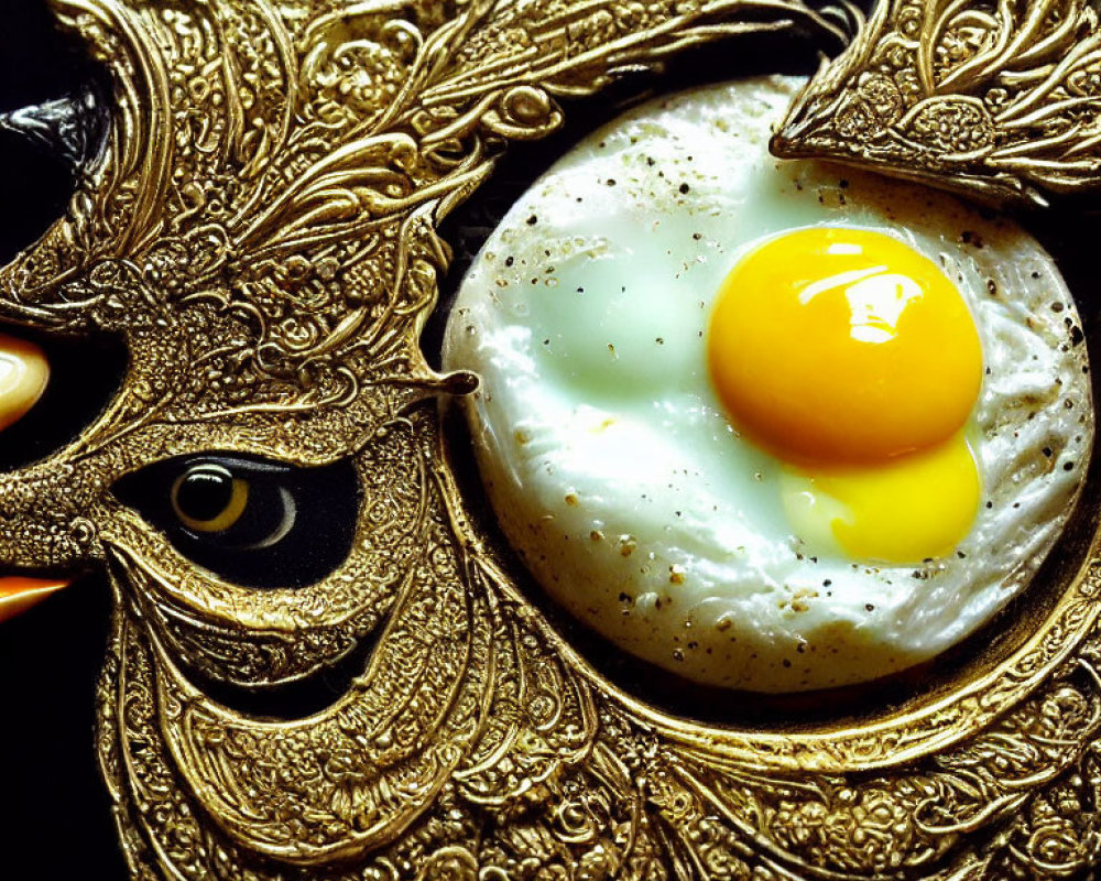 Fried egg on bird-shaped golden plate with yolk eye