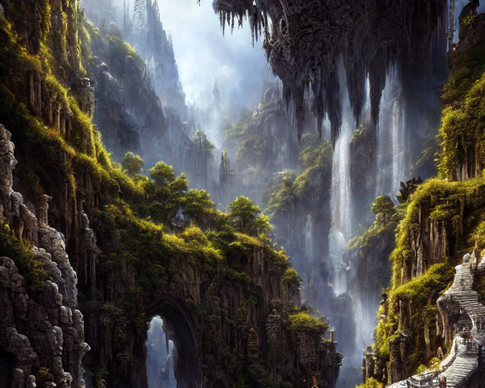 Mystical landscape with rock formations, waterfalls, greenery, and castle stairs